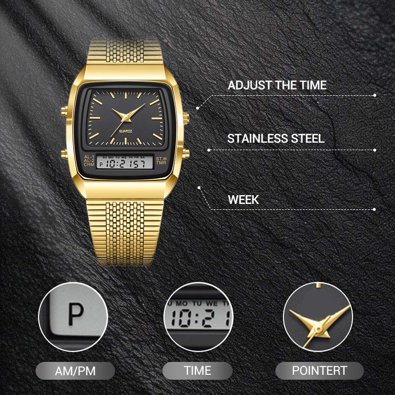 ⌚ LIMITED-TIME 49% OFF! 💥 Retro Style Square Face Multifunction Watch – Dual Display, Zinc Alloy, Stainless Steel ✨