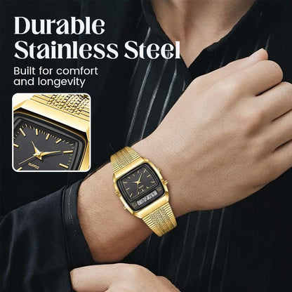 ⌚ LIMITED-TIME 49% OFF! 💥 Retro Style Square Face Multifunction Watch – Dual Display, Zinc Alloy, Stainless Steel ✨