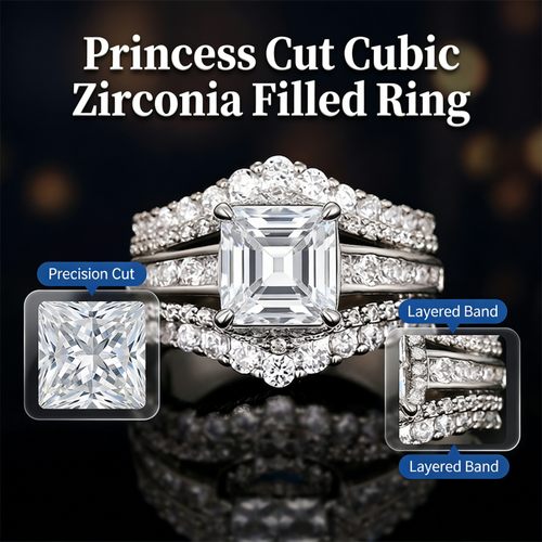 💍 LIMITED-TIME 46% OFF! 💥 Women's Princess Cut Cubic Zirconia Filled Ring – Pave Setting, Multi-Layer Band, Sparkle ✨