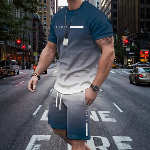 🏖️Summer Cool Deal !!😎Men's Gradient Color T-Shirt & Shorts Set