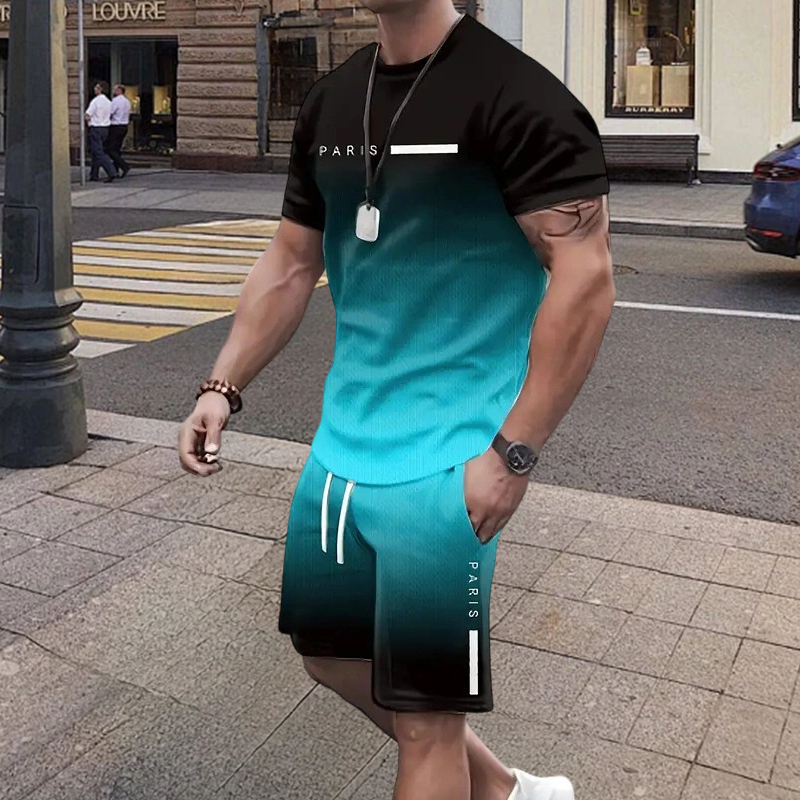 🏖️Summer Cool Deal !!😎Men's Gradient Color T-Shirt & Shorts Set