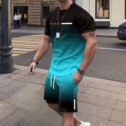 🏖️Summer Cool Deal !!😎Men's Gradient Color T-Shirt & Shorts Set