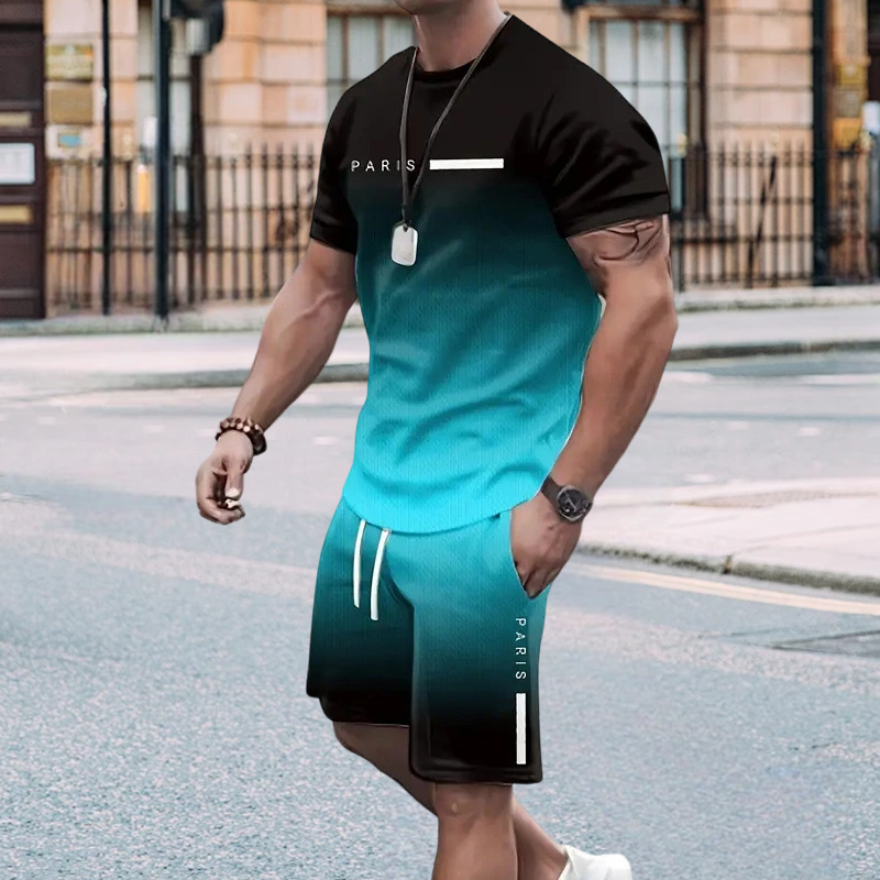 🏖️Summer Cool Deal !!😎Men's Gradient Color T-Shirt & Shorts Set